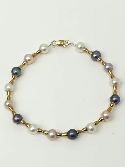 Clearance Sale! - 7" White, Pink, And Dyed Peacock Freshwater Pearl Bracelet With Yellow Gold Beads in 14KY - BRC-016-CRDPRL14Y-MLTI-7