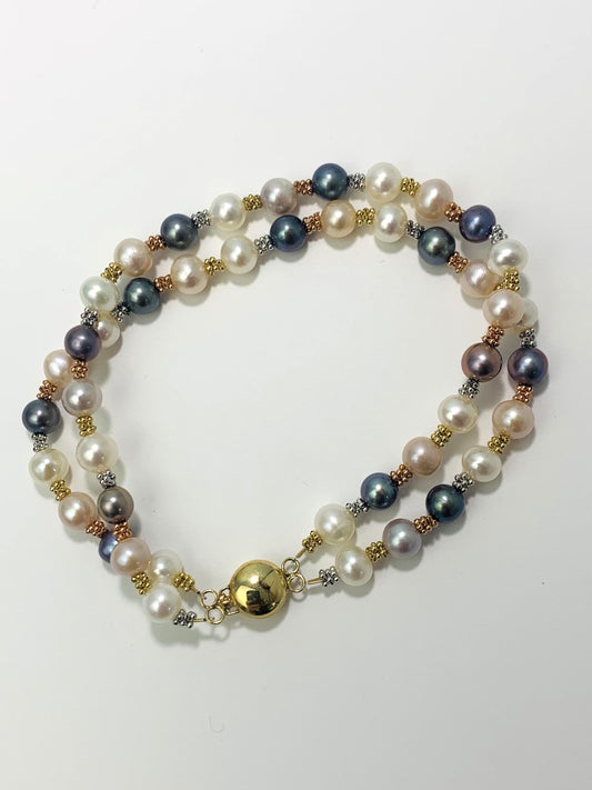 Clearance Sale! - 7.75" Double Row Pearl Bracelet in 14KY - BRC-019-DBLPRL14M-MLTI-7.75