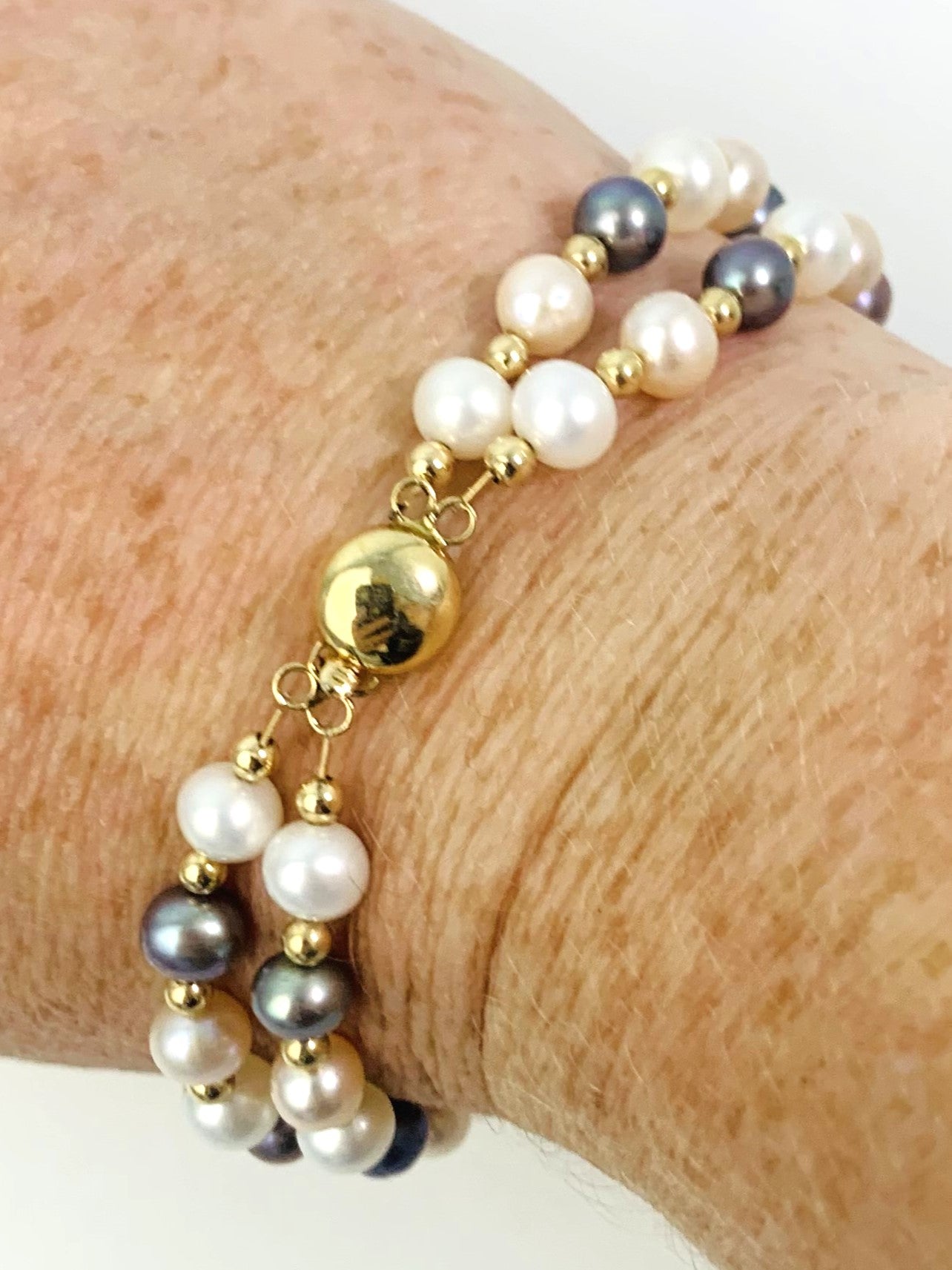 Clearance Sale! - 7.75" Double Row Pearl Bracelet in 14KY - BRC-020-DBLPRL14Y-MLTI-7.75