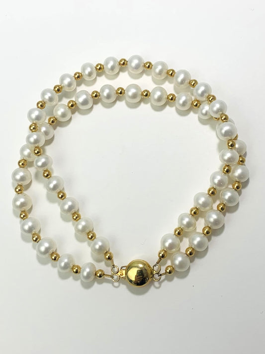 Clearance Sale! - 7.75" Double Row Pearl Bracelet in 14KY - BRC-021-DBLPRL14Y-WH-7.75