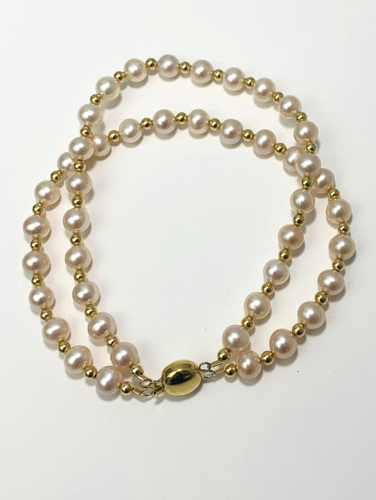 Clearance Sale! - 7.75" Double Row Pearl Bracelet in 14KY - BRC-022-DBLPRL14Y-PK-7.75