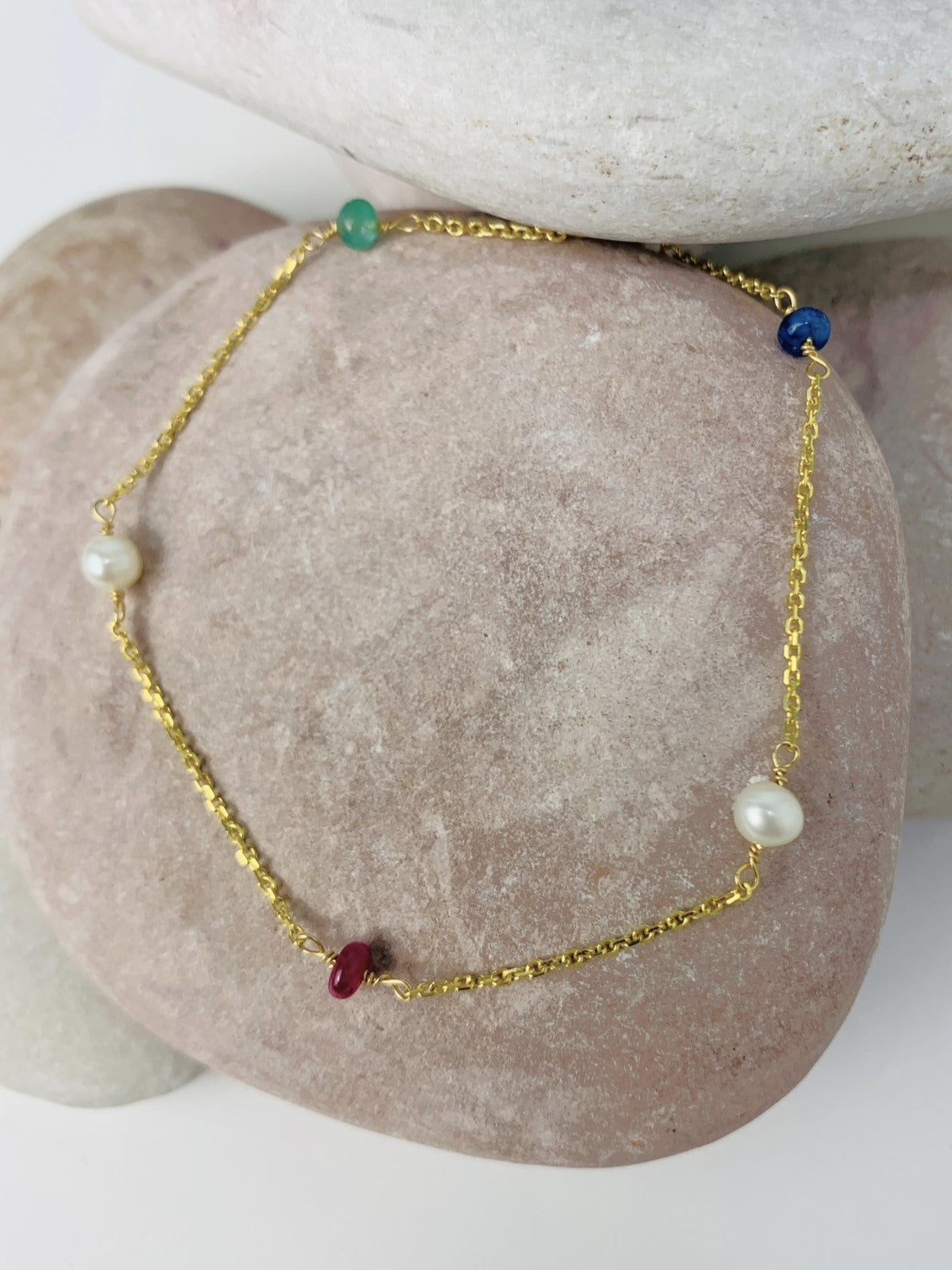 Ruby, Emerald, Blue Sapphire, and White Freshwater Pearl Station Bracelet in 14KY - BRC-023-TNCGM-14Y-RES