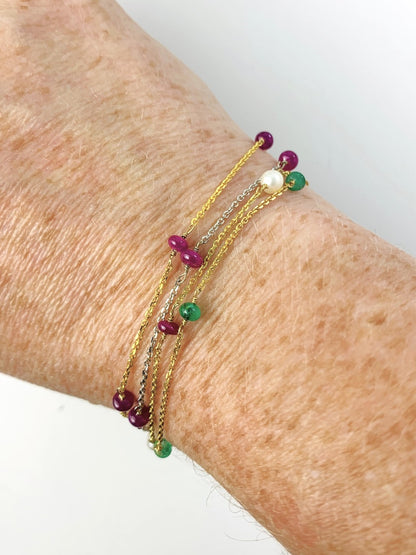 Ruby, Emerald, Blue Sapphire, and White Freshwater Pearl Station Bracelet in 14KY - BRC-023-TNCGM-14Y-RES