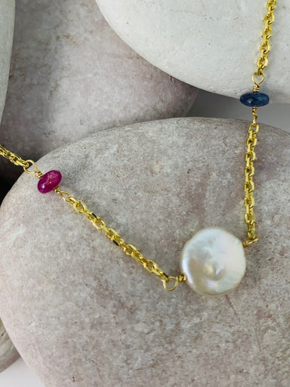 Ruby, Emerald, Blue Sapphire and Coin Pearl Station Bracelet in 14KY - BRC-008-TNCPRLGM-14Y-WHRES-7