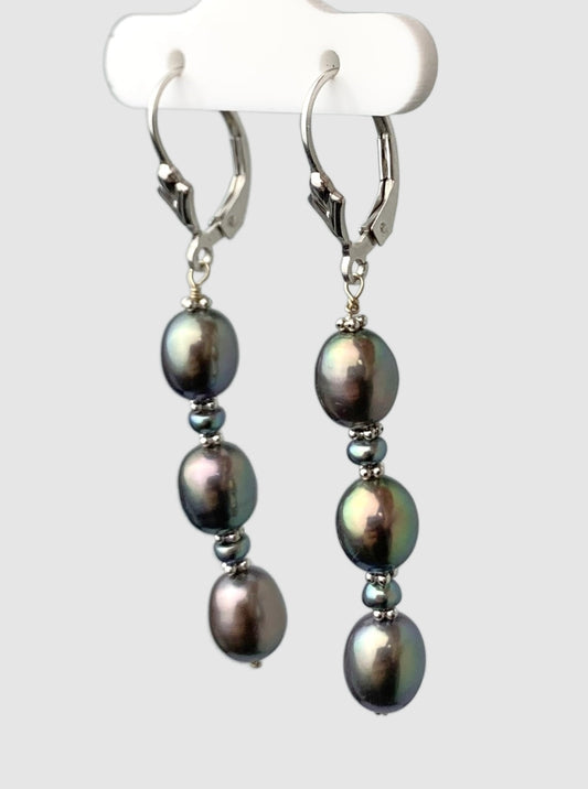Clearance Sale! - Pearl and Rondelle Bead Drop Earrings in 14KW - EAR-017-WIREPRL14W-BK
