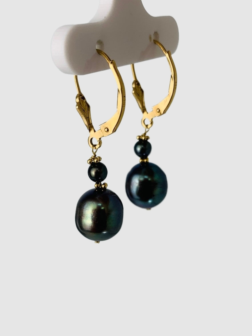 Black Pearl and Rondelle Bead Drop Earrings in 14KY - EAR-018-WIREPRL14Y-BK