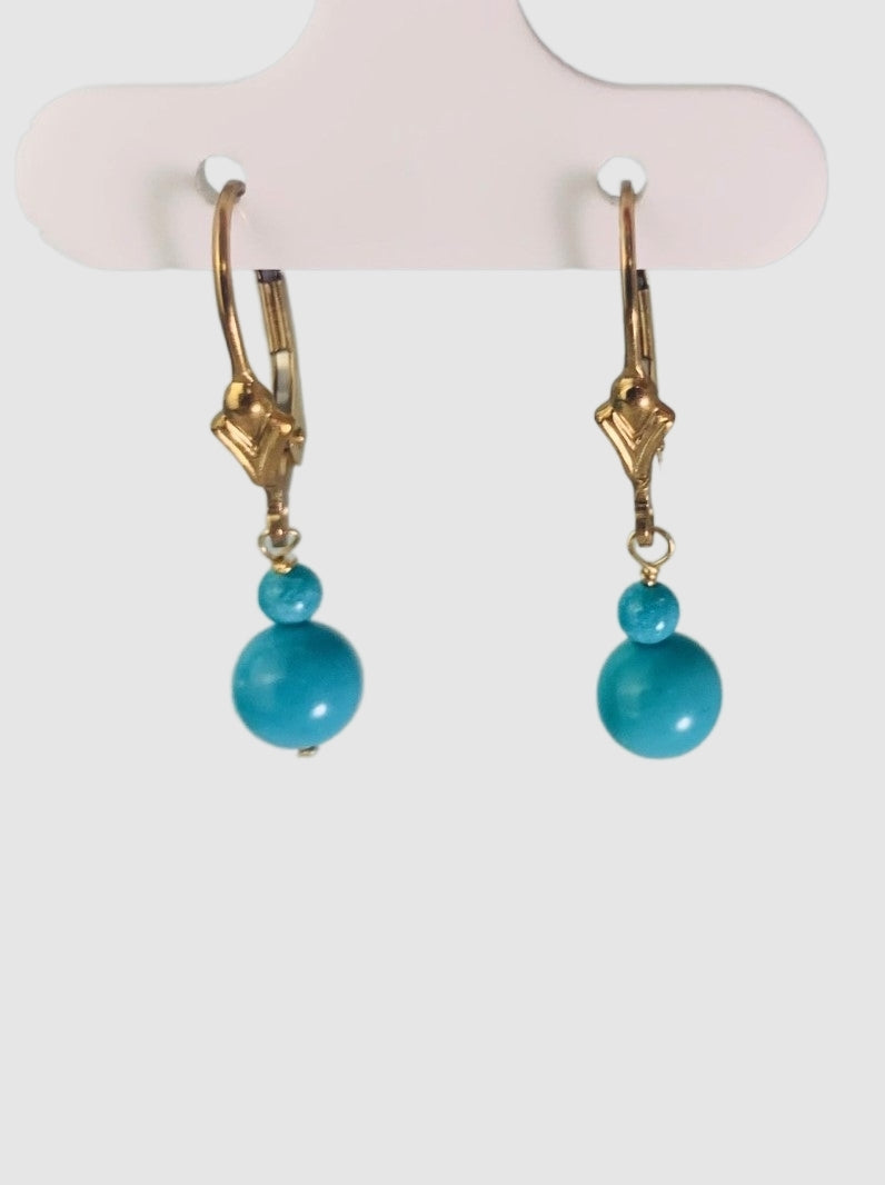 Turquoise  2 Bead Drop Earrings  in 14KY - EAR-020-WIREGM14Y-TQ