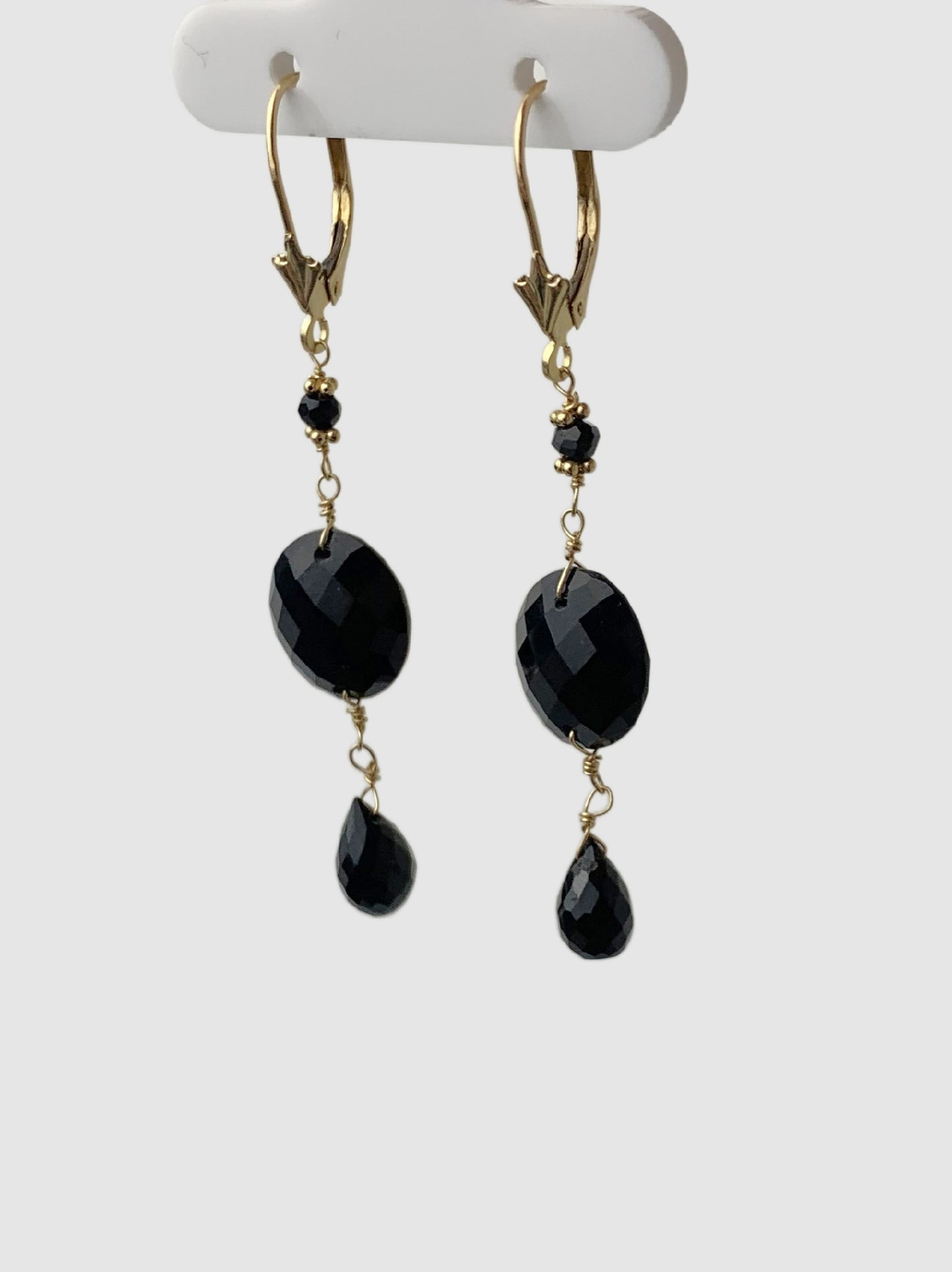 Onyx 3 Station Drop Earrings in 14KY - EAR-023-3DRPGM14Y-MD-OX