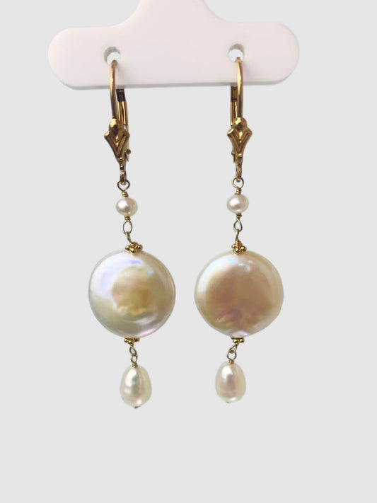 Pearl 3 Station Drop Earrings in 14KY - EAR-023-3DRPPRL14Y-MD-WH