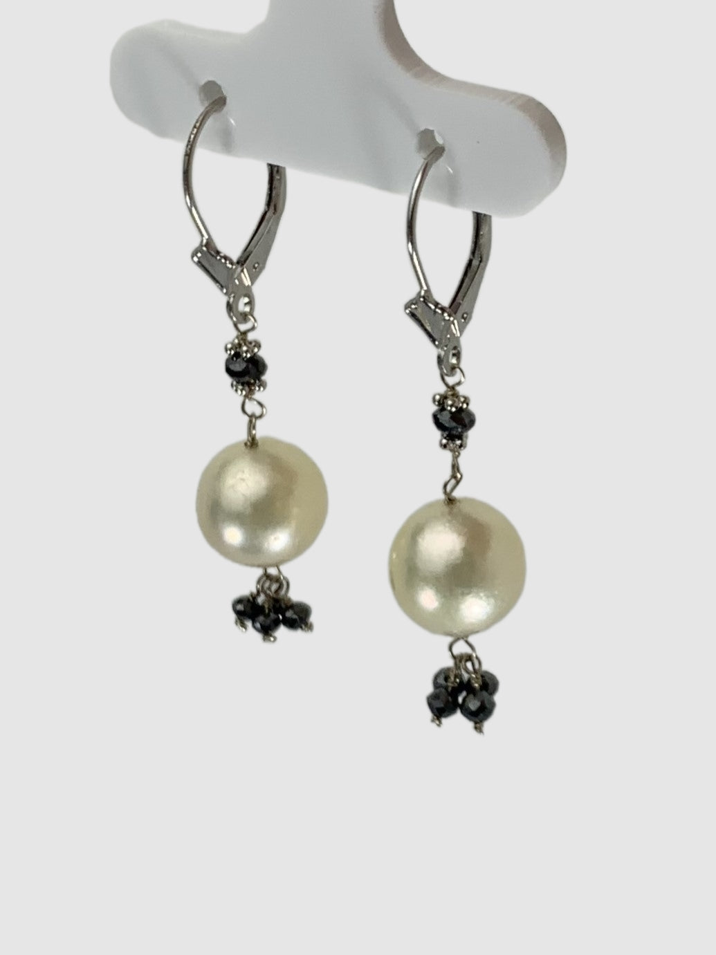 Pearl and Black Diamond Tassel Drop Earrings in 14KW - EAR-024-TSPRLDIA14W-WHBLK 1.10ctw