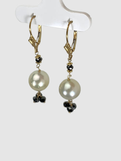 Pearl and Black Diamond Tassel Drop Earrings in 14KY -  EAR-024-TSPRLDIA14Y-LG-WHBLK 1.80ctw