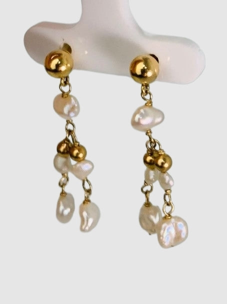 Pearl and Gold Bead Dangly Earrings in 14KY - EAR-026-YDRPPRL14Y-WH