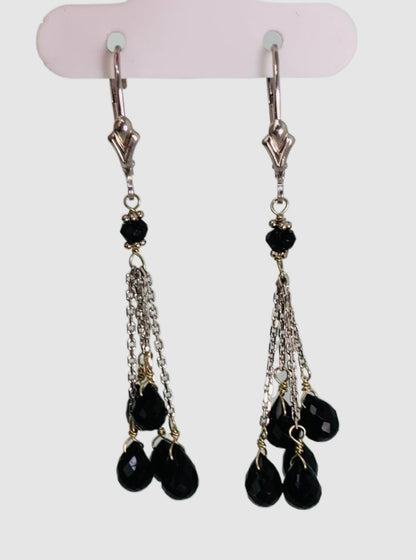 Onyx 5 Stone Tassel Earrings in 14KW - EAR-028-5DTSGM14W-OX