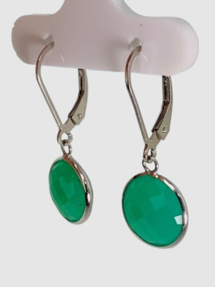 Chrysoprase Round Bezel Earrings in 14KW - EAR-045-BZGM14W-CHR