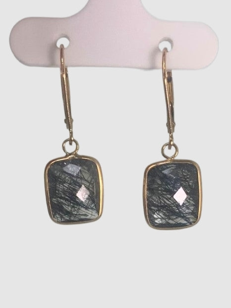 Tourmalinated Quartz Rectangular Bezel Earrings in 14KY - EAR-048-BZGM14Y-RUT-10