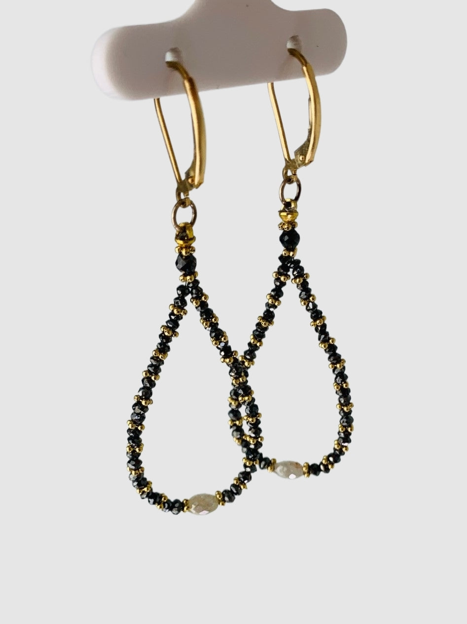 Black Diamond Pear Drop Earrings With Gold Rondelles And Grey Diamond Accents in 14KY - EAR-089-PRDRPDIA14Y-GRYBLK 7ctw