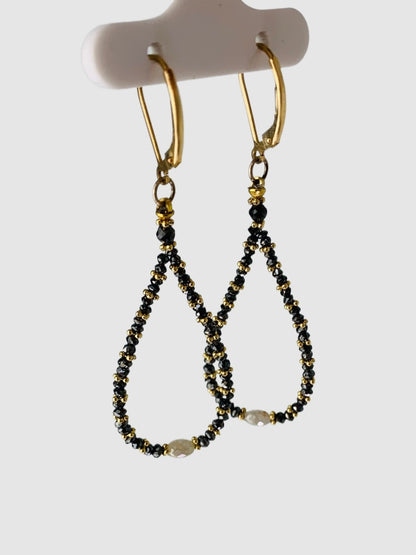 Black Diamond Pear Drop Earrings With Gold Rondelles And Grey Diamond Accents in 14KY - EAR-089-PRDRPDIA14Y-GRYBLK 7ctw