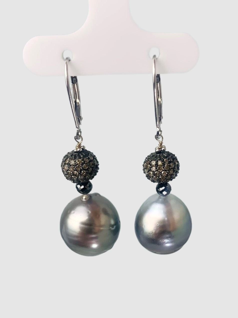 South Sea Pearl Drop Earrings With Antiqued Silver Pave Beads And Black Diamonds in 14KW, SS - EAR-125-DCOPRLDIA14WSS-GRYBK
