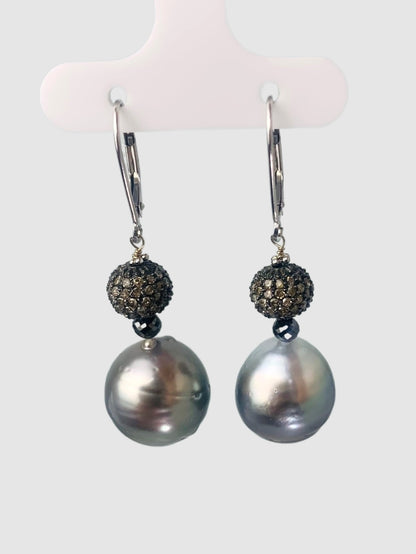 South Sea Pearl Drop Earrings With Antiqued Silver Pave Beads And Black Diamonds in 14KW, SS - EAR-125-DCOPRLDIA14WSS-GRYBK