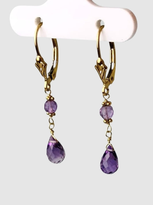 Amethyst 2 Stone Drop Earrings in 14KY - EAR-132-DRPGM14Y-AMY