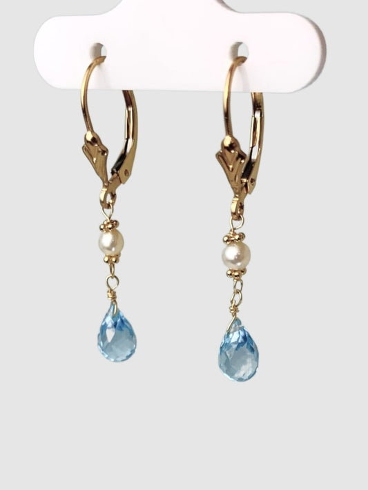 Blue Topaz And Pearl 2 Station Rosary Drop Earrings in 14KY - EAR-140-DRPPRLGM14Y-WHBT