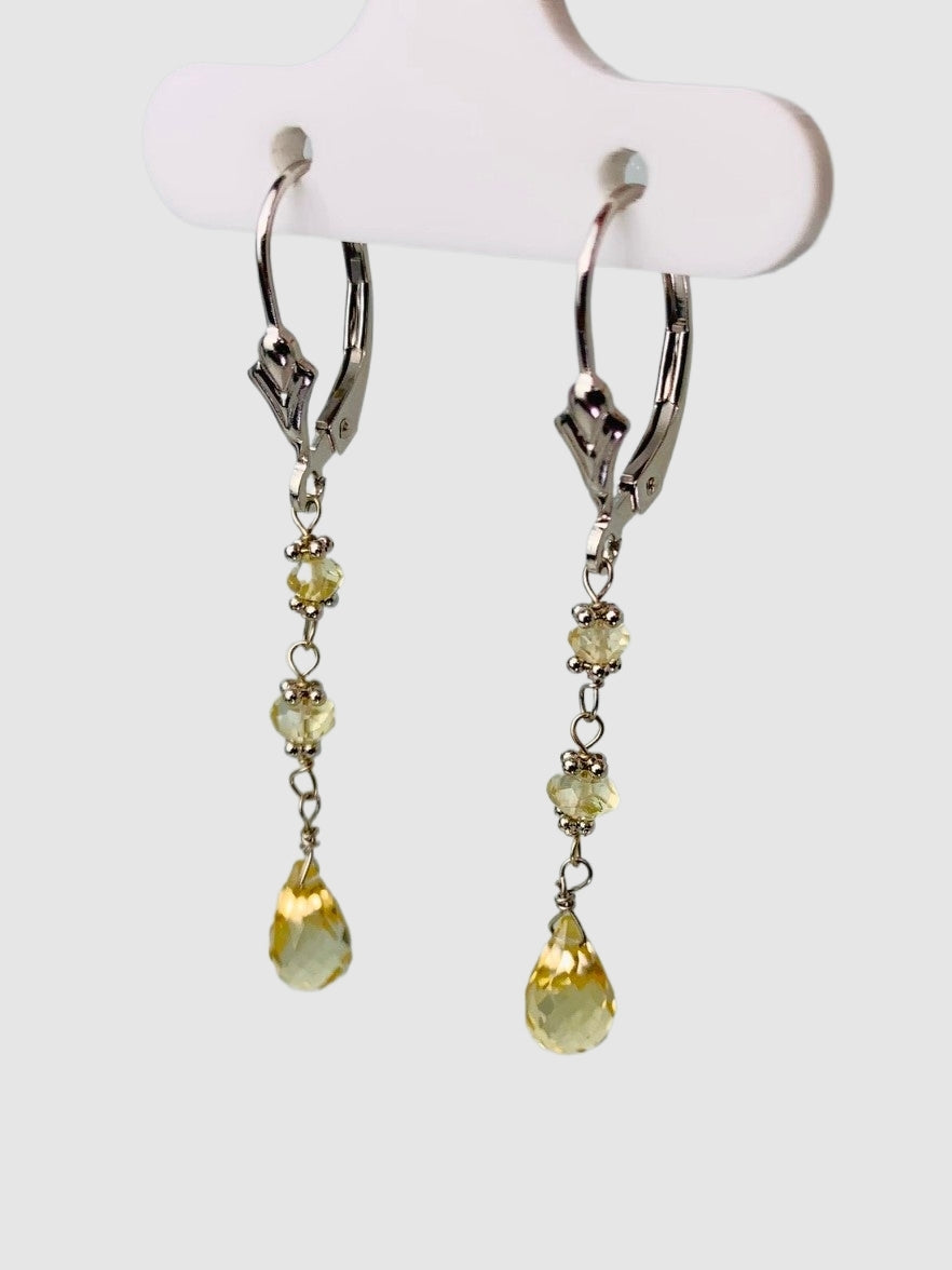 Citrine 3 Stone Rosary Drop Earrings in 14KW - EAR-163-ROSDRPGM14W-CIT