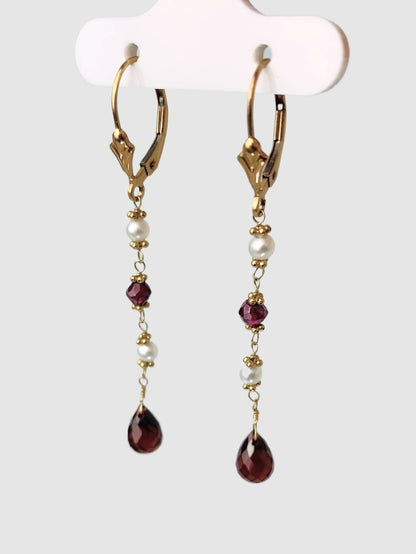 Garnet And Pearl 4 Stone Rosary Drop Earrings in 14KY - EAR-172-ROSDRPPRLGM14Y-WHGNT