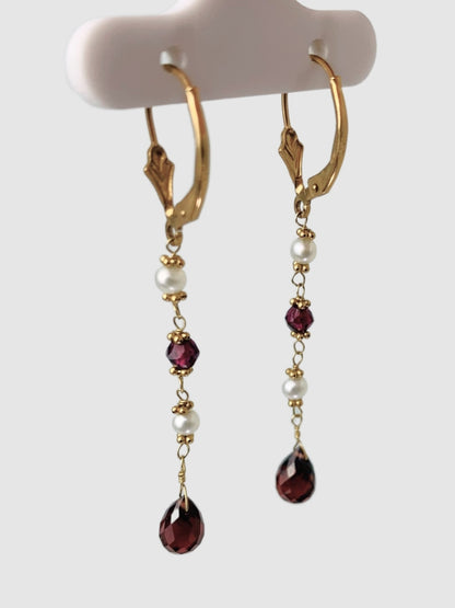 Garnet And Pearl 4 Stone Rosary Drop Earrings in 14KY - EAR-172-ROSDRPPRLGM14Y-WHGNT