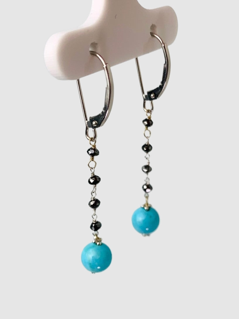 Turquoise And Black Diamond 5 Stone Rosary Drop Earrings in 14KW - EAR-175-ROSDRPDIAGM14W-BKTQ 0.56ctw
