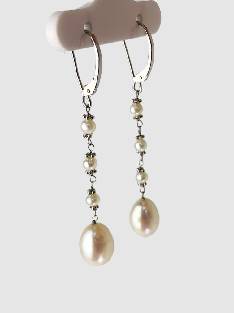 White Pearl 4 Stone Rosary Drop Earrings in 14KW - EAR-179-ROSDRPPRL14W-WH