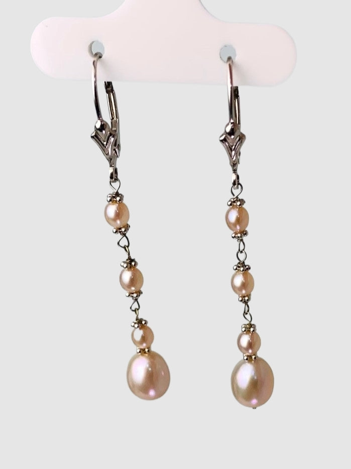 Pink Pearl 4 Stone Rosary Drop Earrings in 14KW - EAR-180-ROSDRPPRL14W-PK