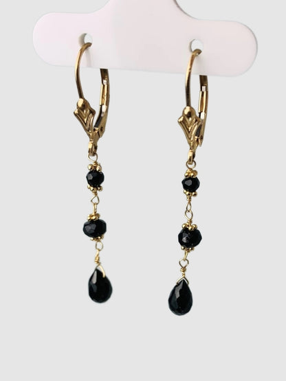 Onyx 3 Stone Rosary Drop Earrings in 14KY - EAR-181-ROSDRPGM14Y-OX