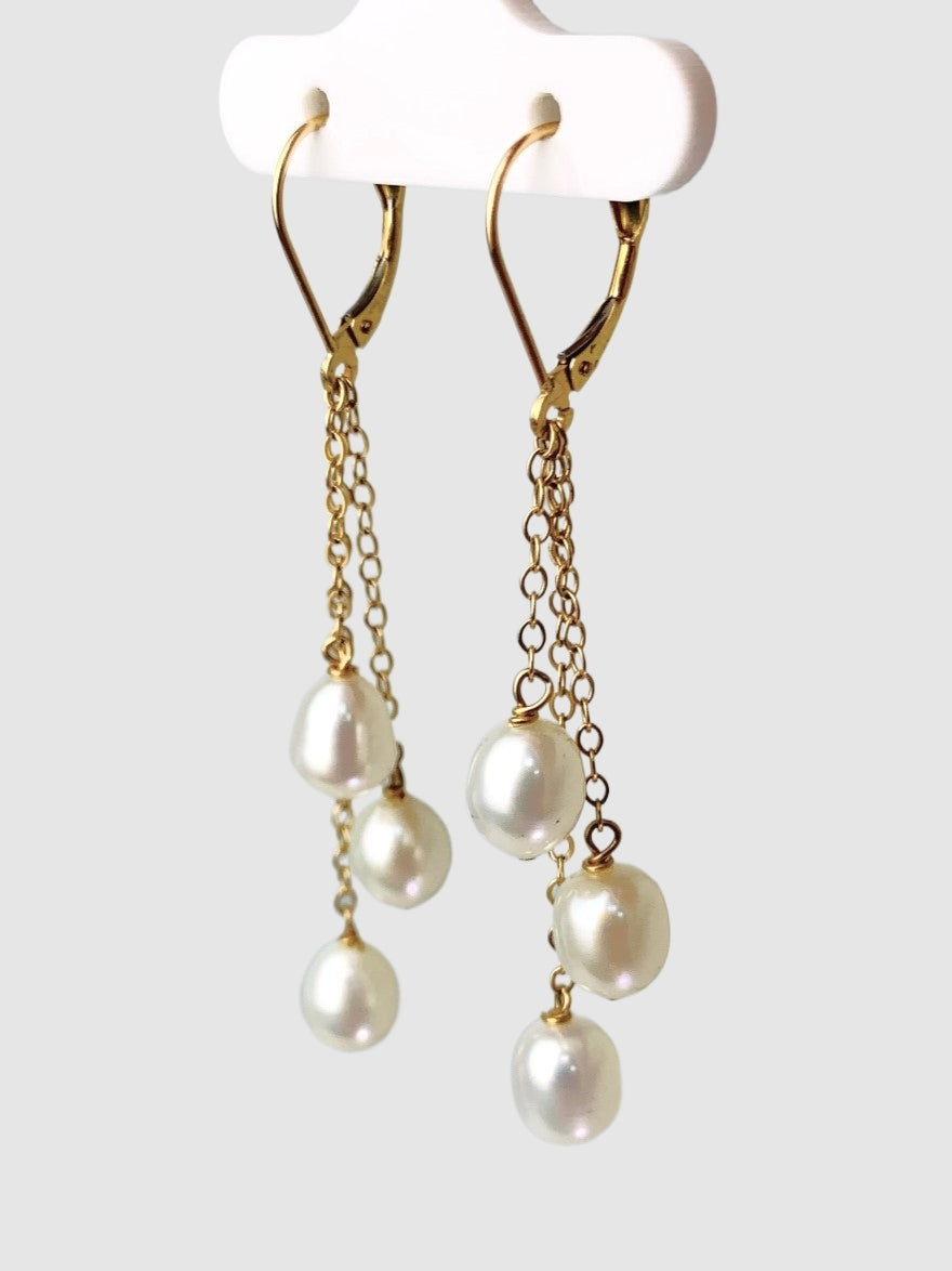 White Freshwater Pearl Tassel Earrings in 14KY - EAR-203-TASPRL14Y-WH
