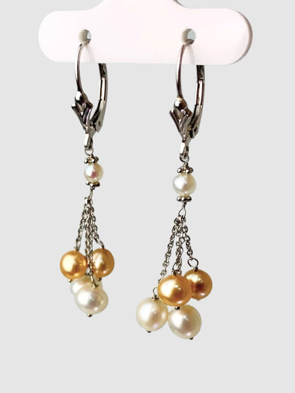 White And Gold Freshwater Pearl Tassel Earrings in 14KW - EAR-205-TASPRL14W-WH