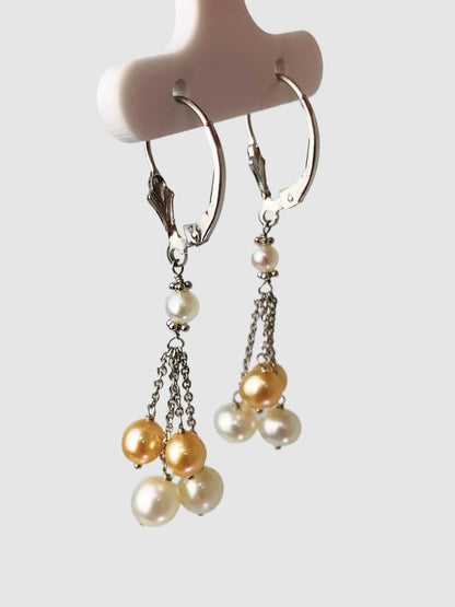 White And Gold Freshwater Pearl Tassel Earrings in 14KW - EAR-205-TASPRL14W-WH
