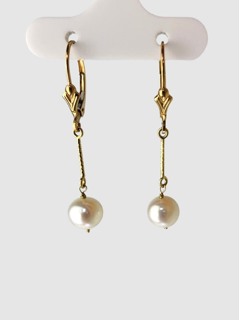 White Pearl Drop Earrings in 14KY - EAR-212-1DRPPRL14Y-WH
