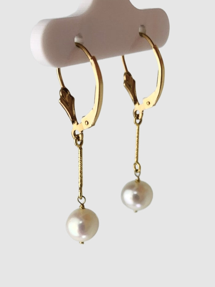 White Pearl Drop Earrings in 14KY - EAR-212-1DRPPRL14Y-WH