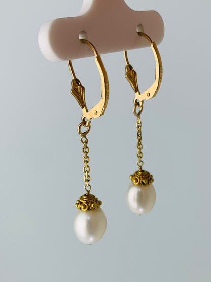 White Pearl Drop Earrings in 14KY - EAR-218-1DRPPRL14Y-WH
