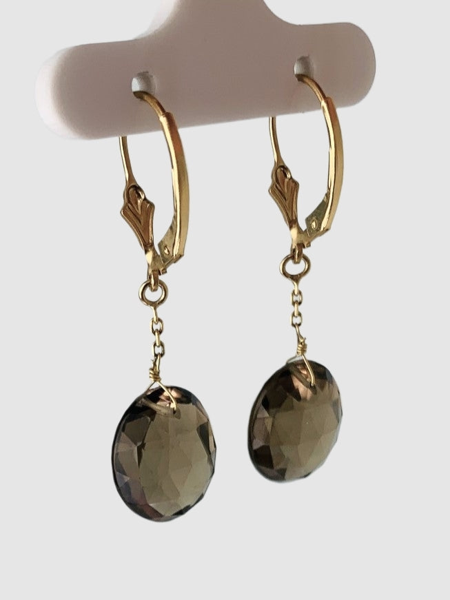 Smokey Quartz Single Stone Drop Earrings in 14KY - EAR-231-1DRPGM14Y-SQ