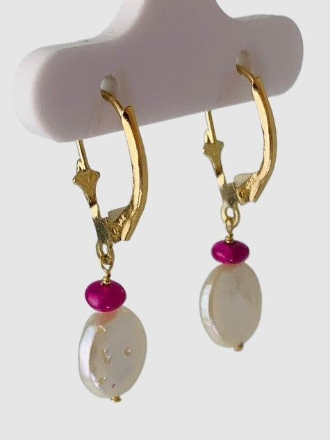 Coin Pearl And Ruby Drop Earrings in 14KY - EAR-235-1DRPPRLGM14Y-WHRBY