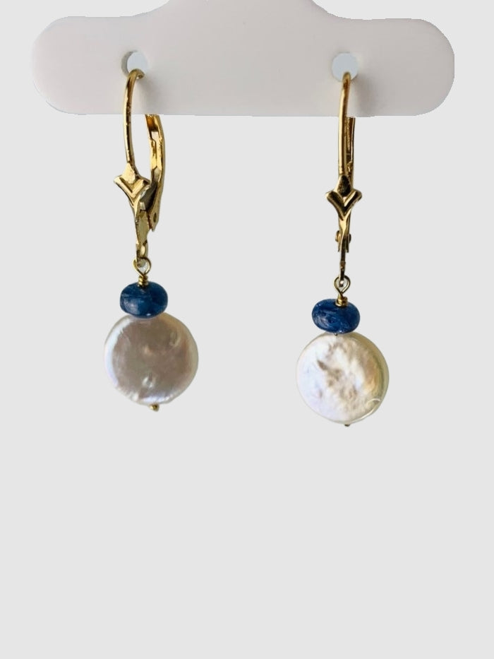 Coin Pearl And Blue Sapphire Drop Earrings in 14KY - EAR-236-1DRPPRLGM14Y-WHBS