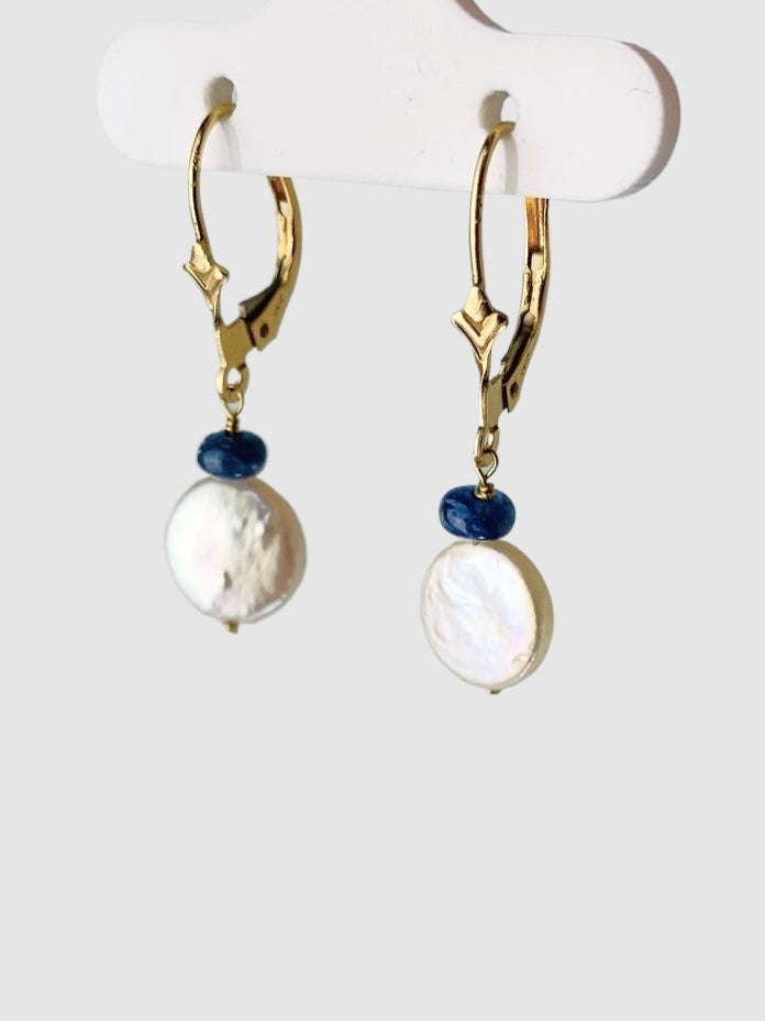 Coin Pearl And Blue Sapphire Drop Earrings in 14KY - EAR-236-1DRPPRLGM14Y-WHBS