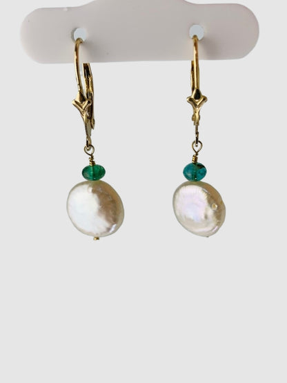 Coin Pearl And Emerald Drop Earrings in 14KY - EAR-237-1DRPPRLGM14Y-WHEM