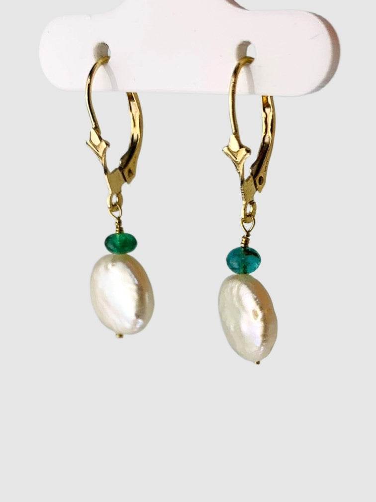 Coin Pearl And Emerald Drop Earrings in 14KY - EAR-237-1DRPPRLGM14Y-WHEM