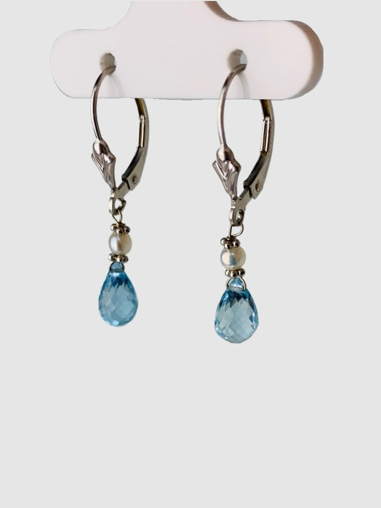 Blue Topaz And White Pearl Drop Earrings in 14KY - EAR-272-1DRPPRLGM14Y-WHBT