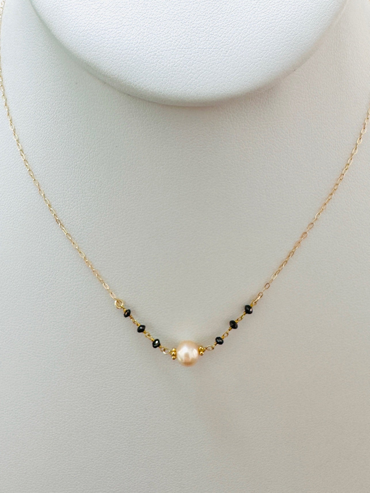 15"-17" Pink Freshwater Pearl and Black Diamond Bead Necklace in 14K Yellow Gold - NCK-802-7ROSPRLDIA14Y-PKBK-17-09021