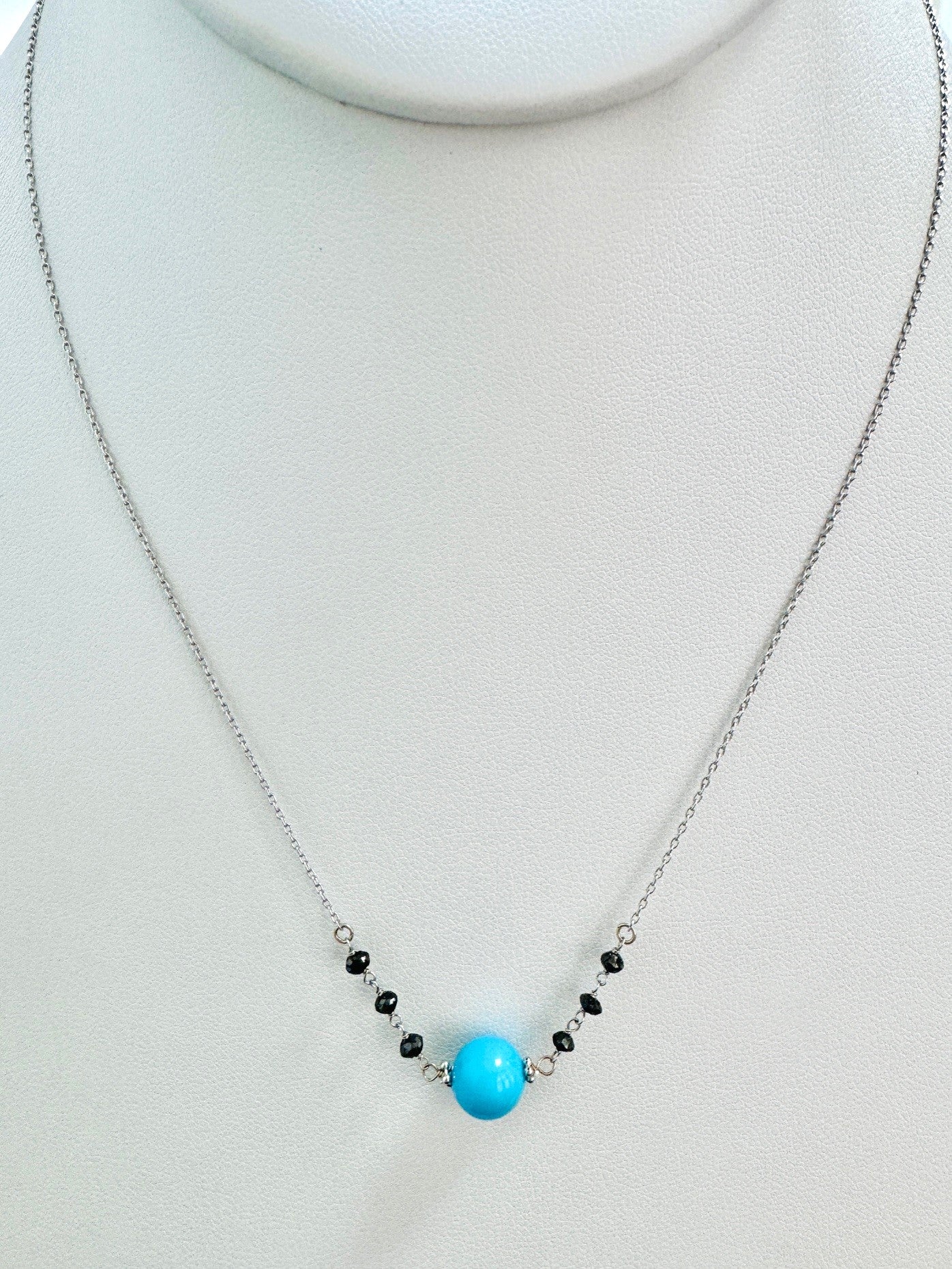 15"-17" Turquoise and Black Diamond Bead Necklace in 14K White Gold - NCK-801-7ROSGMDIA14W-TQBK-17-09019