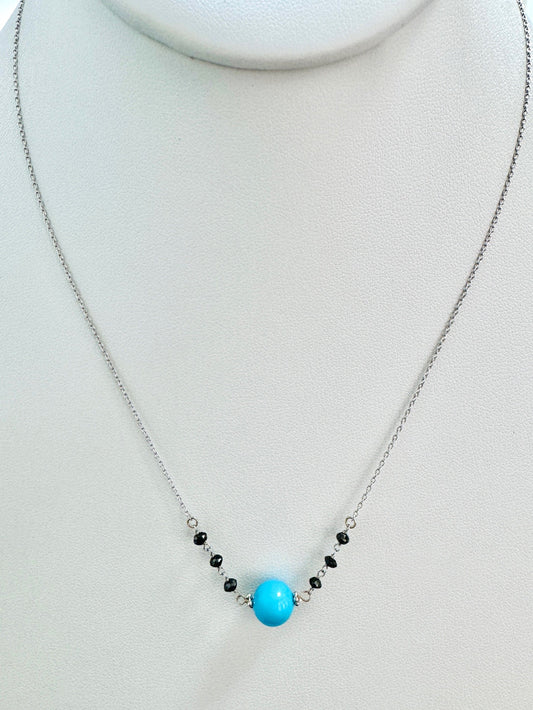 15"-17" Turquoise and Black Diamond Bead Necklace in 14K Yellow Gold - NCK-801-7ROSGMDIA14Y-TQBK-17-09020