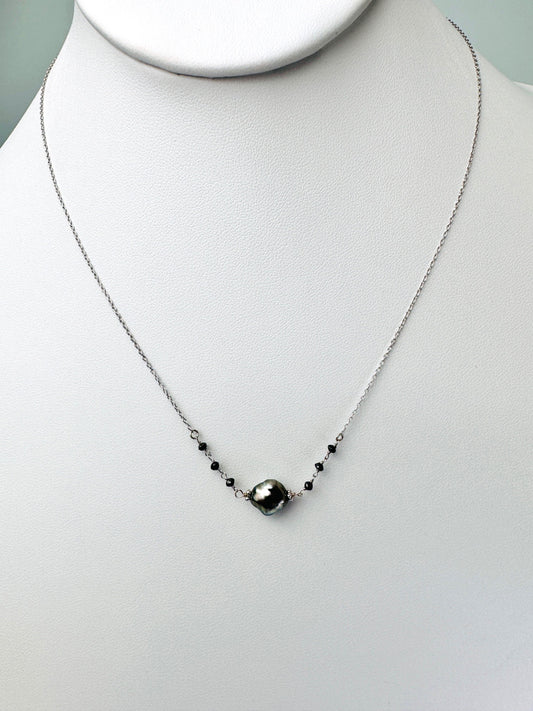 15"-17" Dark Grey Keshi Pearl and Black Diamond Bead Necklace in 14K White Gold - NCK-804-7ROSPRLDIA14W-GRYBK-17-09024