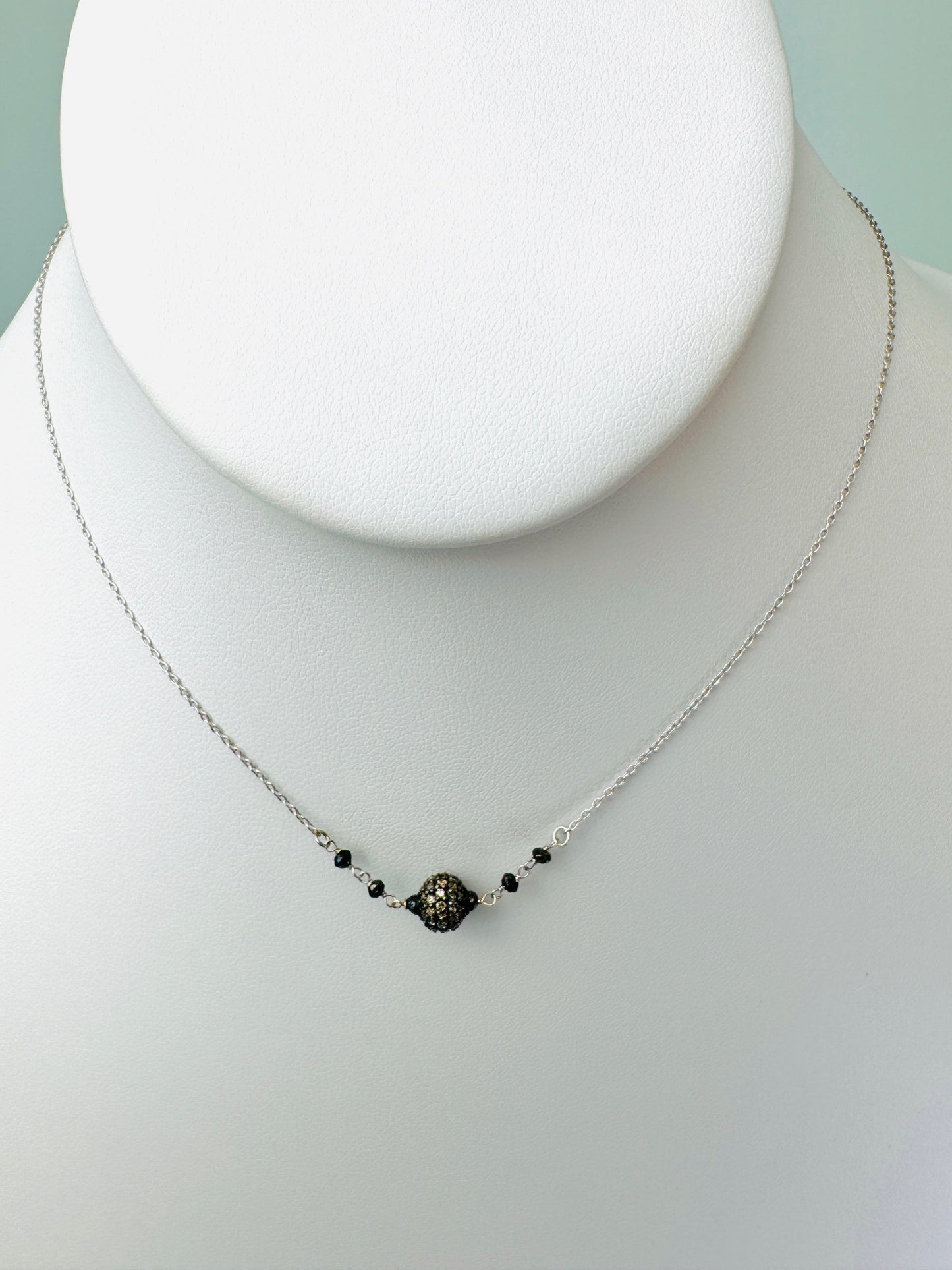 15"-17" Antiqued Silver Pave Bead and Black Diamond Necklace in 14K White Gold - NCK-800-7ROSDIA14WSS-BK-17-09018